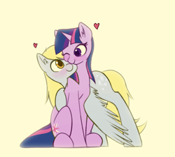 Size: 3000x2700 | Tagged: safe, artist:manicpanda, derpy hooves, twilight sparkle, pegasus, pony, unicorn, g4, blushing, colored pupils, cute, derpabetes, duo, duo female, female, heart, high res, hug, lesbian, looking at each other, mare, nuzzling, one eye closed, ship:twerpy, shipping, simple background, sitting, spread wings, tan background, twiabetes, unicorn twilight, winghug, wings