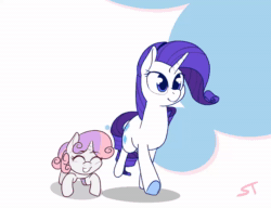 Size: 1280x984 | Tagged: safe, artist:storyteller, rarity, sweetie belle, pony, unicorn, g4, animated, cute, diasweetes, duo, excited, female, filly, hopping, loop, mare, no sound, raribetes, siblings, sisters, smiling, underhoof, walking, webm