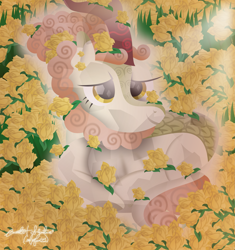 Size: 3917x4172 | Tagged: safe, artist:php178, derpibooru exclusive, autumn blaze, crystal kirin, kirin, pony, g4, .svg available, absurd resolution, abundance, adorable face, alternate hairstyle, alternate horn design, alternate tailstyle, awwtumn blaze, cloven hooves, crystallized, curled up, curls, curly mane, curly tail, cute, cute face, cute smile, ear piercing, earring, female, flourish, flower, flower field, flower in hair, flower on ear, flowers everywhere, glowing, grass, grass field, happy, horn, jewelry, lineless, looking at you, lying down, nc-tv signature, overlay, piercing, ponyloaf, prone, rose, scales, signature, smiling, smiling at you, solo, svg, tail, vector, yellow, yellow rose