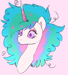 Size: 672x737 | Tagged: safe, artist:woollyart, princess celestia, alicorn, pony, g4, bust, colored pupils, curved horn, disheveled, eyeshadow, female, horn, makeup, mare, messy mane, pink background, simple background, solo, sparkles, surprised, toy interpretation, wide eyes