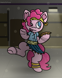 Size: 800x1000 | Tagged: safe, artist:bloodysticktape, pinkie pie, earth pony, pony, gypsy bard, g4, bipedal, clothes, ear piercing, earring, female, heart ears, jewelry, musical instrument, piercing, solo, standing, standing on one leg, tambourine