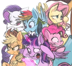 Size: 2048x1887 | Tagged: safe, artist:fanzeem, applejack, fluttershy, pinkie pie, rainbow dash, rarity, twilight sparkle, alicorn, earth pony, pegasus, pony, unicorn, g4, colored sketch, crying, female, frazzled, hug, mane six, notepad, open mouth, party cannon, pillow, pillow hug, shrunken pupils, sketch, twilight sparkle (alicorn)