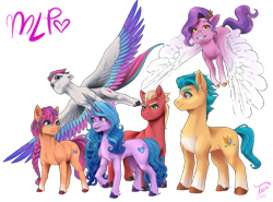 Size: 1600x1183 | Tagged: safe, artist:tillie-tmb, hitch trailblazer, izzy moonbow, pipp petals, sprout cloverleaf, sunny starscout, zipp storm, earth pony, pegasus, pony, unicorn, g5, my little pony: a new generation, female, large wings, male, mane five, mare, simple background, sprout joins the mane five, stallion, transparent background, wings