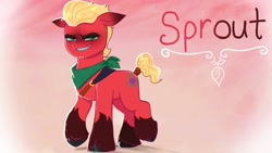 Size: 1920x1080 | Tagged: safe, artist:justinmacklis, sprout cloverleaf, earth pony, pony, g5, my little pony: a new generation, coat markings, eyebrows, kerchief, male, redesign, socks (coat markings), solo, stallion, stubble, tail, tail wrap