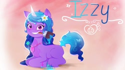 Size: 1920x1080 | Tagged: safe, artist:justinmacklis, izzy moonbow, pony, unicorn, g5, my little pony: a new generation, spoiler:my little pony: a new generation, coat markings, facial markings, female, flower, flower in hair, jewelry, mare, mouth hold, necklace, paint, paintbrush, ponyloaf, redesign, smiling, solo, star (coat marking)