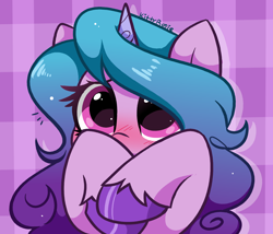 Size: 4174x3579 | Tagged: safe, artist:kittyrosie, izzy moonbow, pony, unicorn, g5, my little pony: a new generation, abstract background, blushing, checkered background, covering, cute, emanata, female, high res, izzybetes, looking at you, mare, raised hoof, shy, solo, unshorn fetlocks