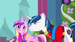 Size: 1280x720 | Tagged: safe, screencap, princess cadance, shining armor, alicorn, pony, unicorn, a canterlot wedding, g4, season 2, canterlot castle, cutie mark, female, horn, male, mare, stallion, wings