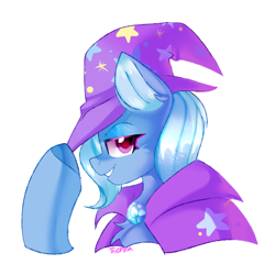 Size: 3400x3400 | Tagged: safe, artist:thieftea, trixie, pony, unicorn, g4, chest fluff, diamond, female, hat, high res, lidded eyes, looking at you, mare, simple background, smiling, solo, white background