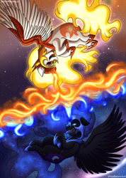 Size: 755x1058 | Tagged: safe, artist:sadinure, daybreaker, nightmare moon, alicorn, pony, g4, blue eyes, blue mane, duel, feather, female, fight, flowing mane, flowing tail, flying, helmet, hoof shoes, horn, magic, mane of fire, open mouth, sky, spread wings, stars, tail, teeth, wings, yellow eyes