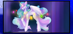 Size: 1280x596 | Tagged: safe, artist:wifflethecatboi, princess celestia, alicorn, pony, g4, digital art, element of generosity, element of honesty, element of kindness, element of laughter, element of loyalty, element of magic, elements of harmony, feather, female, flowing mane, flowing tail, gem, glowing, glowing horn, horn, jewelry, magic, pink eyes, reflection, regalia, signature, simple background, solo, tail, wings