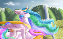 Size: 1131x707 | Tagged: safe, artist:lightrose1, princess celestia, alicorn, pony, g4, canterlot, chest fluff, cloud, crown, ethereal mane, feather, female, flowing mane, flowing tail, folded wings, glowing, glowing horn, horn, jewelry, lookout, mountain, pink eyes, regalia, signature, sky, smiling, solo, starry mane, sun, sunlight, tail, water, waterfall, wings
