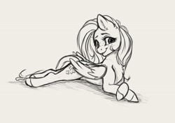 Size: 3164x2228 | Tagged: safe, artist:miokomata, fluttershy, pegasus, pony, g4, chest fluff, crossed hooves, cute, female, folded wings, freckles, freckleshy, gray background, grayscale, high res, looking at you, lying down, mare, monochrome, prone, shyabetes, simple background, smiling, smiling at you, solo, turned head, wings