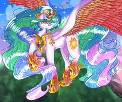 Size: 976x819 | Tagged: safe, artist:urbanarts5, princess celestia, alicorn, pony, g4, cloud, crown, dawn, ethereal mane, eyes closed, feather, female, flowing mane, flowing tail, gem, grass, hoof shoes, horn, jewelry, raised hoof, regalia, sky, solo, sparkles, spread wings, starry mane, tail, wings