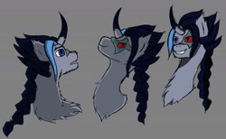 Size: 1424x876 | Tagged: safe, artist:lefi32, derpibooru exclusive, pony, unicorn, braid, bust, corrupted, fluffy, horn, kayn, league of legends, ponified, simple background, sketch, smiling, solo, spiky mane, worried