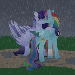 Size: 5000x5000 | Tagged: safe, artist:queenderpyturtle, oc, oc only, pegasus, pony, absurd resolution, colored wings, duo, female, kissing, mare, multicolored wings, not rainbow dash, rain, wings