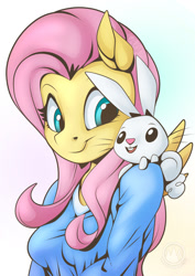 Size: 955x1351 | Tagged: safe, artist:mysticalpha, angel bunny, fluttershy, anthro, g4, bust, clothes, duo, female, gradient background, looking at each other, looking at someone, looking sideways, male, shirt, smiling, three quarter view