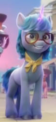 Size: 320x688 | Tagged: safe, screencap, crystal cove, periwinkle pi, pony, unicorn, g5, my little pony: a new generation, background pony, clothes, cropped, cute, female, glasses, glowing, glowing horn, grin, hooves, horn, magic, mare, maretime bay, scarf, smiling, solo