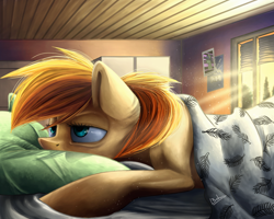 Size: 2500x2000 | Tagged: safe, artist:bakud, oc, oc only, earth pony, pony, bags under eyes, bed, blanket, earth pony oc, female, high res, indoors, mare, morning ponies, pillow, sleepy, solo, tired