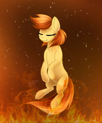 Size: 1280x1536 | Tagged: safe, artist:bakud, oc, oc only, earth pony, pony, eyelashes, female, fire, mare, signature, smiling, solo