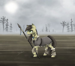 Size: 1280x1123 | Tagged: safe, artist:bakud, oc, oc only, earth pony, pony, clothes, earth pony oc, eyelashes, female, forest, hoof hold, mare, outdoors, raised hoof, signature, smiling, solo, spear, sun, tree, weapon