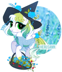 Size: 2650x3068 | Tagged: safe, artist:herusann, artist:mint-light, oc, oc only, pegasus, pony, base used, basket, eyelashes, female, flower, flying, hat, high res, makeup, mare, pegasus oc, simple background, smiling, solo, transparent background, wings, witch hat