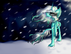 Size: 4000x3000 | Tagged: safe, artist:beamybutt, oc, oc only, pony, unicorn, ear fluff, female, looking up, mare, raised hoof, snow, solo