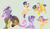 Size: 7056x4047 | Tagged: safe, artist:schokocream, oc, oc only, oc:andromeda, oc:ceres, oc:pandora, oc:starburst, oc:starry gleam, alicorn, draconequus, hybrid, pegasus, pony, alicorn oc, chest fluff, draconequus oc, female, filly, fluffy, flying, grin, horn, interdimensional siblings, interspecies offspring, offspring, parent:discord, parent:flash sentry, parent:twilight sparkle, parents:discolight, parents:flashlight, pegasus oc, simple background, smiling, smirk, wings