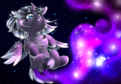 Size: 2834x1971 | Tagged: safe, artist:schokocream, oc, oc only, oc:artemis, alicorn, pony, alicorn oc, chest fluff, colored wings, ear fluff, ethereal mane, female, flying, galaxy mane, horn, interspecies offspring, mare, offspring, parent:oc:daedalus ravenwing, parent:princess luna, parents:canon x oc, solo, two toned wings, underhoof, wings