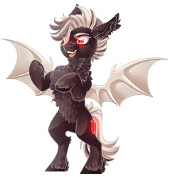 Size: 2830x2925 | Tagged: safe, artist:schokocream, oc, oc only, bat pony, pony, bat pony oc, bat wings, chest fluff, ear fluff, high res, rearing, simple background, smiling, solo, spread wings, unshorn fetlocks, white background, wings