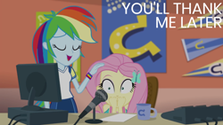 Size: 1920x1080 | Tagged: safe, edit, edited screencap, editor:quoterific, screencap, fluttershy, rainbow dash, equestria girls, fluttershy's butterflies, fluttershy's butterflies: rainbow dash, g4, my little pony equestria girls: better together, computer, duo, eyes closed, female, geode of fauna, hairpin, jewelry, magical geodes, microphone, mug, necklace, open mouth, open smile, scared, shrunken pupils, smiling