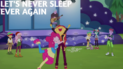 Size: 1920x1080 | Tagged: safe, edit, edited screencap, editor:quoterific, screencap, duke suave, pinkie pie, raspberry lilac, snails, spike, spike the regular dog, sunset shimmer, dog, equestria girls, g4, my little pony equestria girls: better together, wake up!, wake up!: pinkie pie, clothes, converse, crossed arms, cutie mark, cutie mark on clothes, eyes closed, female, hug, male, music festival outfit, nose in the air, open mouth, open smile, shoes, smiling, sugar rush, uvula, volumetric mouth