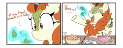 Size: 3722x1448 | Tagged: safe, artist:icey, autumn blaze, kirin, pony, g4, 2 panel comic, autumn blaze's puppet, comic, cooking, cute, cute little fangs, dialogue, fangs, female, flour, fortune cookie, glowing, glowing horn, horn, looking at something, magic, paintbrush, sad, sadorable, solo, telekinesis