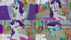 Size: 4400x2475 | Tagged: safe, edit, edited screencap, editor:quoterific, screencap, rainbow dash, rarity, pegasus, pony, unicorn, dragon dropped, g4, season 9, carousel boutique, eyes closed, female, magic, mare, open mouth, telekinesis, wing hands, wings