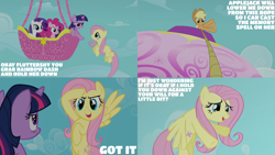Size: 4400x2475 | Tagged: safe, edit, edited screencap, editor:quoterific, screencap, applejack, fluttershy, pinkie pie, rarity, twilight sparkle, earth pony, pegasus, pony, unicorn, g4, season 2, the return of harmony, applejack's hat, cowboy hat, female, flying, grin, hat, high res, hot air balloon, implied rainbow dash, mare, open mouth, open smile, rope, smiling, twinkling balloon, unicorn twilight