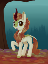 Size: 894x1182 | Tagged: safe, artist:dusthiel, autumn blaze, kirin, pony, g4, female, looking at you, open mouth, open smile, outdoors, raised hoof, smiling, smiling at you, solo, standing, three quarter view, tree