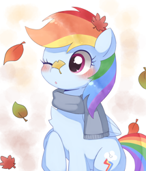 Size: 1642x1916 | Tagged: dead source, safe, artist:ginmaruxx, rainbow dash, pegasus, pony, g4, :o, autumn, autumn leaves, blushing, clothes, cute, dashabetes, female, folded wings, leaf, leaves, mare, one eye closed, open mouth, scarf, solo, wings