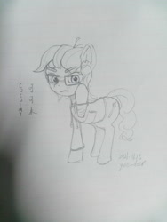 Size: 3456x4608 | Tagged: safe, artist:yue_deer, oc, oc only, earth pony, pony, clothes, glasses, hoodie, looking at you, male, monochrome, sketch, solo, traditional art, wavy mouth