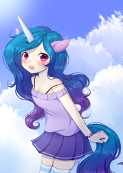 Size: 1000x1400 | Tagged: safe, artist:dddreamdraw, izzy moonbow, human, unicorn, g5, my little pony: a new generation, blushing, clothes, eared humanization, female, horn, horned humanization, humanized, open mouth, skirt, socks, solo, stockings, tail, tailed humanization, thigh highs, thigh socks