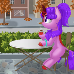 Size: 2126x2126 | Tagged: safe, artist:one4pony, oc, oc only, oc:molly jasmine, kirin, pony, autumn, cafe, coffee, female, high res, mannequin, maple tree, solo, street