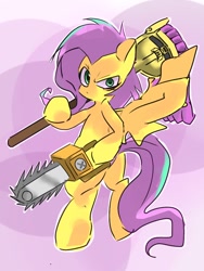 Size: 768x1024 | Tagged: safe, artist:pnpn_721, fluttershy, pegasus, pony, .mov, shed.mov, g4, badass, bipedal, chainsaw, crossing the memes, female, flutterbadass, fluttermop, fluttershed, looking at you, mare, meme, mop, solo, spread wings, wings