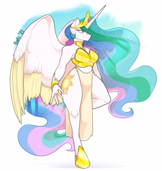 Size: 3664x3867 | Tagged: dead source, safe, artist:baitslament, princess celestia, anthro, unguligrade anthro, bra, bracelet, clothes, ethereal mane, female, harem outfit, high res, horseshoes, jewelry, loincloth, midriff, necklace, simple background, solo, strapless, underwear, white background, wide hips