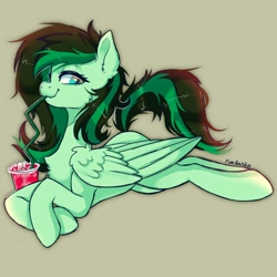 Size: 3500x3500 | Tagged: safe, artist:yumkandie, oc, oc only, oc:eden shallowleaf, pegasus, pony, female, high res, iced tea, lying down, pegasus oc, prone, simple background, solo, straw, wings
