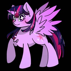 Size: 768x768 | Tagged: safe, artist:metaruscarlet, twilight sparkle, alicorn, pony, g4, black background, blushing, chest fluff, female, horn, mare, multicolored mane, multicolored tail, raised hoof, simple background, solo, spread wings, standing, starry eyes, tail, twilight sparkle (alicorn), wingding eyes, wings