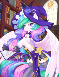Size: 2937x3840 | Tagged: safe, artist:dstears, princess celestia, alicorn, pony, g4, alternate hairstyle, belt, book, clothes, cosplay, costume, crossover, female, flower, genshin impact, gloves, grin, hat, high res, jewelry, librarian, lisa (genshin impact), looking at you, magic, magic aura, necklace, rose, smiling, smiling at you, solo, stockings, telekinesis, thigh highs, witch hat