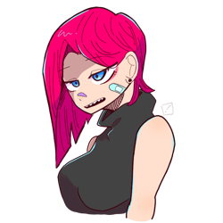 Size: 768x768 | Tagged: safe, artist:metaruscarlet, pinkie pie, human, g4, alternate hairstyle, bandaid, breasts, clothes, ear piercing, earring, eyeshadow, fangs, female, humanized, jewelry, makeup, open mouth, piercing, pinkamena diane pie, simple background, sleeveless, sleeveless sweater, solo, sweater, transparent background