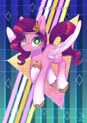 Size: 2480x3508 | Tagged: safe, artist:wavecipher, pipp petals, pegasus, pony, g5, my little pony: a new generation, abstract background, adorapipp, coat markings, cute, female, high res, phone, socks (coat markings), solo, that pony sure does love phones, triangle, white pupils