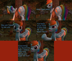 Size: 3840x3240 | Tagged: safe, artist:sexy rd, rainbow dash, pegasus, pony, series:ask sexy rainbow dash, g4, 3d, alternate universe, angry, ask, asking for help, butt, comic, dialogue, female, folded wings, forest, grammar error, happy, help, help me, high res, large butt, lidded eyes, looking back, mare, multicolored hair, multicolored mane, multicolored tail, plot, rainbow hair, rainbow tail, rainbutt dash, revamped ponies, solo, source filmmaker, stuck, stuck between trees, tail, tree, wings