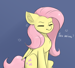 Size: 858x778 | Tagged: safe, artist:d.w.h.cn, fluttershy, pegasus, pony, g4, blue background, chest fluff, cross-popping veins, dialogue, ear fluff, eyes closed, female, fluttershy is not amused, folded wings, mare, meme, shiny mane, simple background, sitting, solo, text, three quarter view, unamused, wings