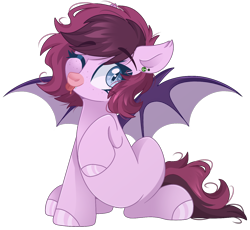 Size: 1452x1336 | Tagged: safe, artist:cinnamontee, oc, oc only, oc:bree berry, bat pony, pony, ;p, bat pony oc, ear piercing, female, mare, one eye closed, piercing, simple background, solo, tongue out, transparent background