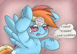 Size: 2208x1536 | Tagged: safe, artist:ledwine glass, rainbow dash, pegasus, pony, g4, blush sticker, blushing, bronybait, crying, cute, female, fluffy, messy mane, open mouth, ouch, sad, sadorable, solo, speech bubble, spread wings, standing, standing on two hooves, standing up, sticker, text, wings, ych example, your character here